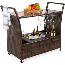 야외 파티오 가구 라탄 트롤리 카트 와인 서빙 음료 냉장 바 바퀴 & 탈착식 얼음통 (가정 거실 클럽 등) (믹스 브라운), 야외 파티오 가구 라탄 트롤리 카트 와인 서빙 음료 냉