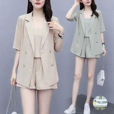 QR大碼女裝 大尺碼套裝短袖套裝夏季短袖套裝200斤大碼女裝胖mm夏新款遮肉氣質吊帶西裝外套顯瘦短褲三件套裝