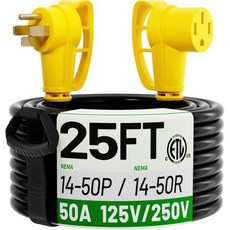 NEMA 14-50P에서 14-50R로 50암페어 RV/전기차 연장 코드 25피트 야외용 그립 핸들 유연한 내구성 강한 RV 전원 방수 50A 125/250V 6250/1250, 25 FT, 50 AMP (14-50P/R)