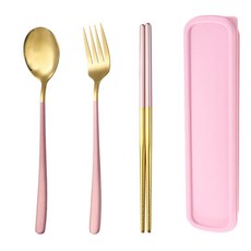金色不鏽鋼餐具三件組 (湯匙、叉子、筷子) 含收納盒 便攜餐具組, 粉金, 1套