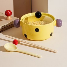 可愛波點泡麵碗 學生宿舍適用 方便麵飯碗 雙耳陶瓷湯碗 螺螄粉碗 (附蓋), 1個, 撞色圓球面碗-黃色,800ml(可放圓麪餅)泡麪碗碗身, 黃色