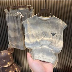 【潮流破洞】男士背心短褲套裝 夏季套裝 休閒套裝 運動套裝 潮流套裝 寬鬆薄款 百搭時尚 健身運動 日常休閒