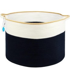 Casaphoria 담요 바구니 세탁 바구니 우븐 보관 바구니 세탁 바구니 55.1 x 55.1 x 35.1cm(21.5 x 21.7 x 13.75인치) 정리용 옷 바구, 21.7*21.7*13.8, 화이트 & 네이비 블루