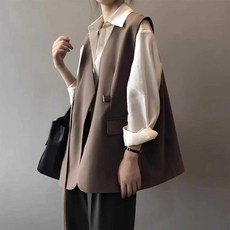 여성 벨티드 루즈핏 롱 정장 조끼 여자 베스트 갈색 브라운 롱베스트