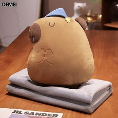 DFMEI 抱枕被子兩用一體車載午睡毯可愛四季通用車上枕頭抱枕毯子二合一, 佛系水豚三用-帶帽