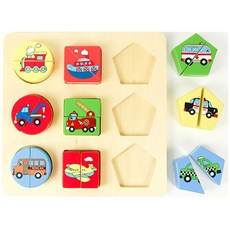 아기 교통놀이 2조각 원목 블럭퍼즐 아기소근육놀이 유아원, 1개, 혼합색상