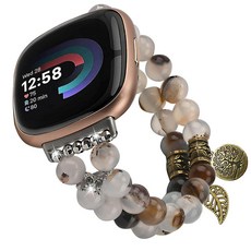 AWSMORE FIT 핏bit Versa 3/Versa 4/FIT Sense 2/Sense와 호환되는 시계 밴드 여성용 비즈 팔찌 그래스 플라워 아게이트 205528, 잔디 꽃 마노, 잔디 꽃 마노