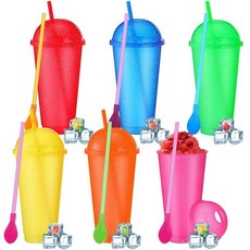 Ninehaoou 돔 뚜껑과 빨대가 있는 슬러시 컵 6세트 탈착식 스푼 빨대 재사용 가능한 플라스틱 아이스 커피 스무디 텀블러 생일 여름 파티 용품(라이트 색상 709., 24온스, 밝은 색상