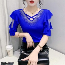 시우리치 라인댄스복 상의 여성 라틴댄스 공연복 무대의상, 블루