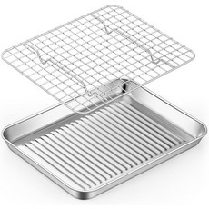 냉각 랙이 있는 팀파 토스터 오븐 팬 컴팩트 오븐용 스테인리스 미니 베이킹 트레이 9인치 골판지 바닥 및 그리드 메시 헤비 듀티 1개 + 랙, 2, 9.25 x 7 1-Inch