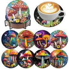 Mrpwnle 8팩 거북이 다이아몬드 아트 컵받침 키트 바다 거북 다이아몬드 페인팅 컵받침 키트 세트 홀더 코르크 패드 포함 DIY 다이아몬드 아트 미끄럼 방지 컵받침 공, Mushroom Coasters
