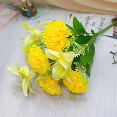 仿真康乃馨百合花束套裝含水晶玻璃花瓶 居家客廳裝飾絹花擺件, 1個, 1束黃色無花瓶