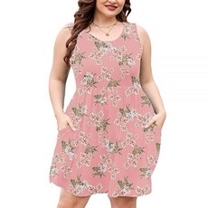 [ 1078890 ] AusLook 플러스 사이즈 여성용 여름 탱크 드레스 캐주얼 민소매 크루넥 플리츠 베이비돌 스윙 선드레스 포켓 포함 1X-5X A15-핑크 플로렛