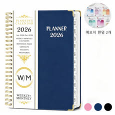 Clevoria 2026 날짜형 데일리 다이어리 스파이럴 바인딩 코일 플래너 휴대용 업무용 기록 노트, 네이비, 1개