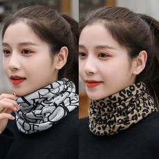 秋冬掛耳脖套 防風麵罩 保暖護頸 雙麵針織圍脖 騎行保暖【買一送一】圍脖冬季女網紅堆堆帽子保暖套頭護頸椎百變脖套圍巾, 【大板型】經豹紋+紅色拼圖【2條】, 1個
