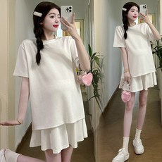 임산부 여름 세트 캐주얼 반팔 라운드넥 상의 하이웨이스트 반바지 상하의 투피스 루즈핏 임부복 세트 JZZN
