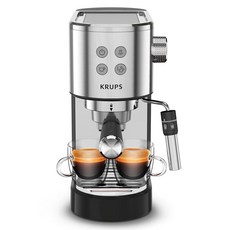 KRUPS 스테인리스 스틸 에스프레소 머신 15바 펌프 압력 카푸치노 및 라떼용 밀크 프로더 빠른 예열 2컵 용량 컵 워머 간편한 청소 1350W 실버, 2 Cup, resso