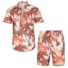 남성용 투피스 하와이안 휴가 의상 열대 꽃무늬 해변 여름 반바지 세트 Z3010 XL