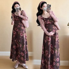 봄 가을 임산부 원피스 세트 캐주얼 패션 임부복 루즈핏 임부 투피스 세트 기질 긴팔 숏 가디건 + 플라워 롱 원피스 투세트 WXY