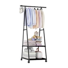 三角衣帽架 落地衣架 晾衣架 組合式帶滾輪收納置物架移動掛衣架DIY衣櫥, 黑色