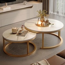 New World 거실테이블 70+50CM 원형티테이블 CJ01, 화이트+골드