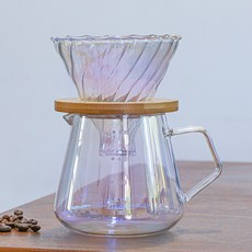 해피유통 고급스러운 유리 커피 드리퍼 세트 우아한 디자인 나무 받침대 포함, 600ML 컬러풀한 주전자 + 竹托 + 대형 경사 필터