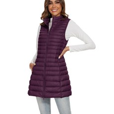 FlyGulls 여성용 롱 패딩 조끼 겨울 경량 다운 조끼 블랙 여성용 조끼 겉옷 주머니가 있는 민소매 재킷 퍼플.