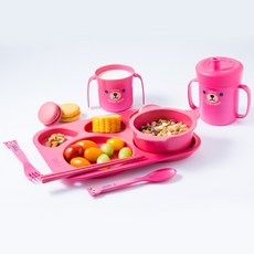 테디베어 유아식기 유아식판 빨대컵 스푼세트, 1개, 키즈식판세트, 핑크