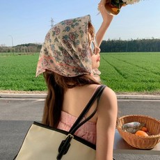 반다나 헤드스카프 헤어스카프 핑크 플라워 1. 1호, L. 12번 베이지 플라워