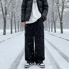 UPPERCUT 남녀공용 겨울용 융기모 루즈핏 카고바지 통바지 와이드핏 캐쥬얼 빅사이즈 자체제작