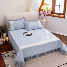 沁夏微风蕾丝款凉感豆豆凉席三件套床裙款可水洗冰丝软席子套件, 凝膠注入記憶棉, 蓝色