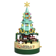 聖誕樹積木玩具，DIY拼裝益智積木，節慶裝飾創意禮品, 聖誕樹音樂盒(贈燈串), 1個