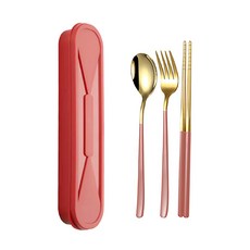 투데이리빙 3종 티타늄 수저 세트 숟가락 젓가락 포크 수저통 스텐 커트러리 디저트 스푼 나이프 도시락 케이스, 1세트, 숟가락+젓가락+포크+수저통, CJS005P(A골드핑크