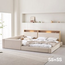 아씨방가구 제로업 LED수납헤드 가죽 세이프 패밀리침대 SS+SS 독립, 파스텔 화이트