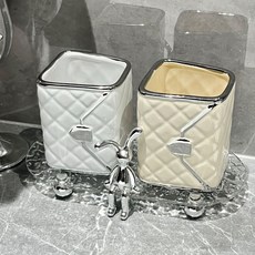 DZER 고급 도자기 칫솔 홀더 양치컵 세트 세련된 디자인 다용도 욕실 필수품, 화이트+베이지