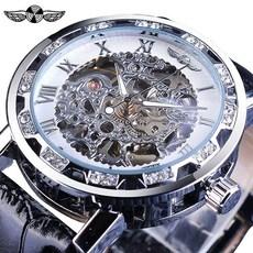 남자 스켈레톤 오토매틱 기계식 수동 시계 2060 손목, 1, V. 실버 화이트 다이얼 실버 문자 블랙 가죽