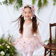 유아 여아 발레복 세트 별 스팍클 메쉬 스커트 긴팔 플라워 소매 탈부착 레오타드