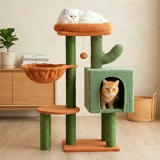 귀여운 선인장 디자인 고양이 타워 두툼한 매트 고양이 하우스 일체형 고양이 스크래처 안정적인 베이스, 1개, 그린