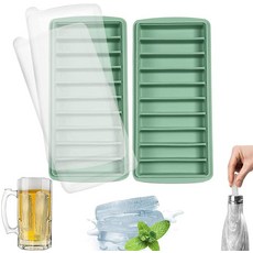 LessMo 아이스 큐브 트레이 2개 뚜껑이 있는 긴 스틱 실리콘 직사각형 좁은 스틱 재사용 가능 유연성 쉬운 분리 작은 입구 스포츠 병 주스 칵테일 파티용 그린, Green