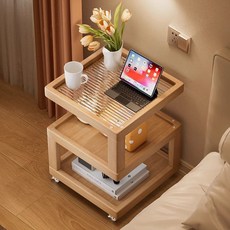 家用臥室床頭櫃 可移動置物架 創意實木收納櫃 簡約現代小型床邊桌 多層儲物空間 帶鎖設計, 三層30長鬍桃色簡約款,無規格, 1個