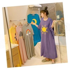 반팔 원피스 홈웨어 여성 잠옷 임부복 등원룩 태양 달 프린트 라운드넥 롱 원피스 빅사이즈 루즈핏 면 소재 캐주얼