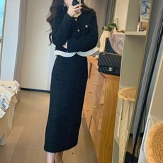 슬림소녀 여성 봄 가을 패션 스커트룩 고급스러운 모직 카디건 상의 세트 스커트 투피스