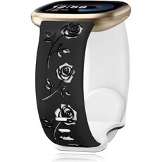 예익싱 실리콘 밴드 Fitbit Versa4용 투톤 로즈 플로럴 각인 손목밴드 Sense 2 1 Versa 4 3 스포츠 스트랩 여성용 방수 통기성 부드러움, 검정_흰색