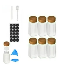 사각형 향신료 병 세트(나무 뚜껑 쉐이커 내장 라벨 포함) - 주방 정리용 빈 유리 용기, 03 6 pcs set