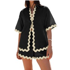 Misng 여성용 여름 투피스 매칭 세트 휴가 의상 크루즈 비치 여름 반소매 오버사이즈 셔츠 및 반바지 세트 2-블랙