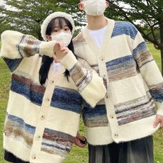 豹開之家 撞色條紋開衫毛衣 男女情侶寬鬆針織衫 慵懶風 V領外套