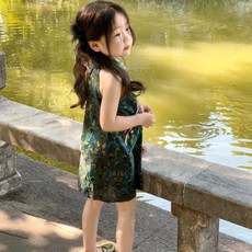 AQWA 女童中國風孔雀羽毛無袖改良旗袍 夏季民族風禮服