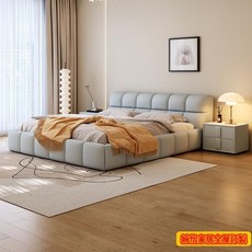 奶油泡芙科技布床 現代簡約雙人床 主臥婚床 1.8m軟靠大床, 咖啡色,150*190cm單床+2個床頭櫃