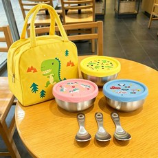 KOM角落生物316不鏽鋼矽膠蓋碗 幼兒園三色碗 附304兒童匙 加贈餐袋 (台灣製造), 1套, 套組, kom汽車系列矽膠密封蓋碗3入組合+恐龍餐袋