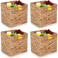 27.9 x 27.9cm(11 x 11인치) 보관 바구니 4개 세트 부레옥잠 바구니 4개 세트 접이식 손으로 짠 보관 큐브 욕실 침실 세탁실 식료품 저장실 선반용